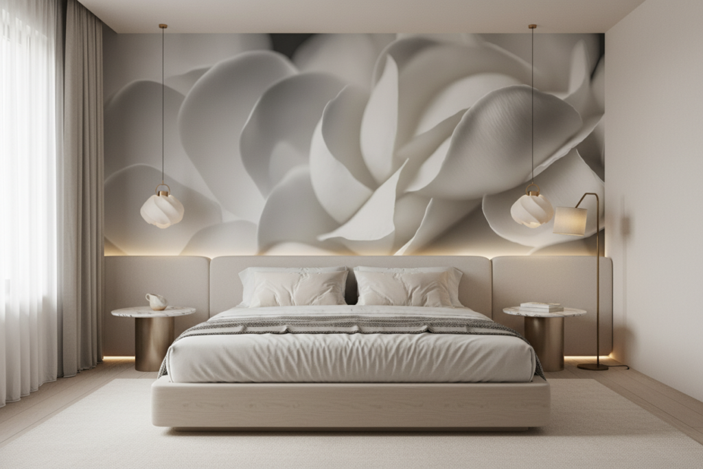 Papier peint élégant pétales blancs texture organique sophistiquée - Chambre adulte