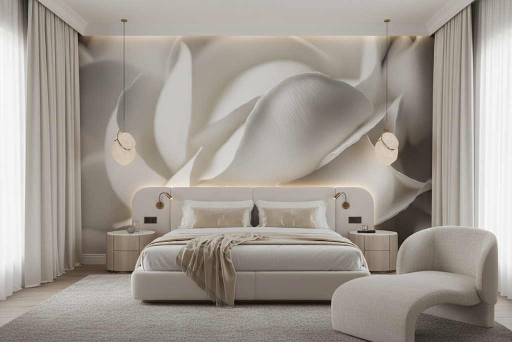 Papier peint élégant pétales blancs texture organique sophistiquée - Hôtel