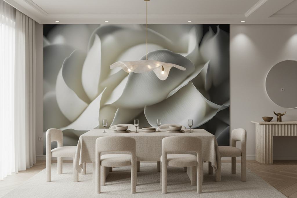 Papier peint élégant pétales blancs texture organique sophistiquée - Salle à manger