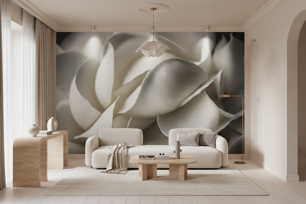 Papier peint élégant pétales blancs texture organique sophistiquée - Salon / Séjour