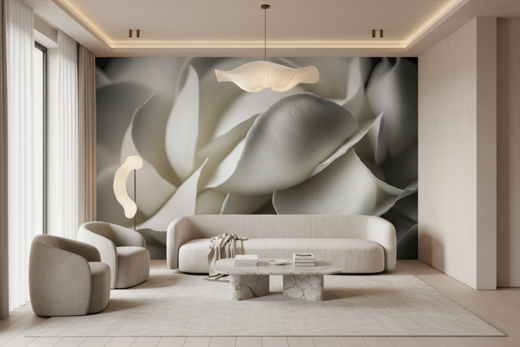 Papier peint élégant pétales blancs texture organique sophistiquée - Salon / Séjour