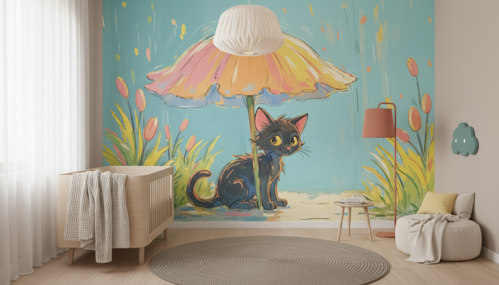Papier peint enfant chat mignon sous parapluie fleuri pluie - Chambre bébé