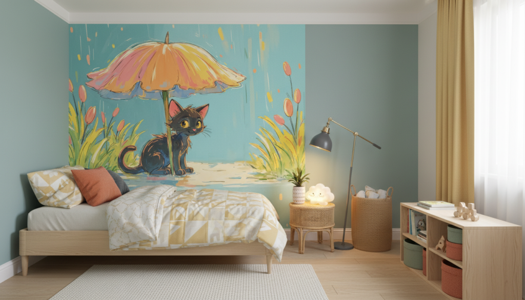Papier peint enfant chat mignon sous parapluie fleuri pluie - Chambre enfant