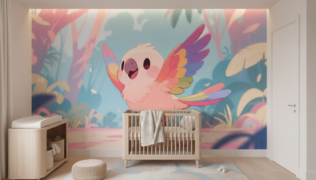 Papier peint enfant oiseau tropical multicolore style cartoon kawaii - Chambre bébé