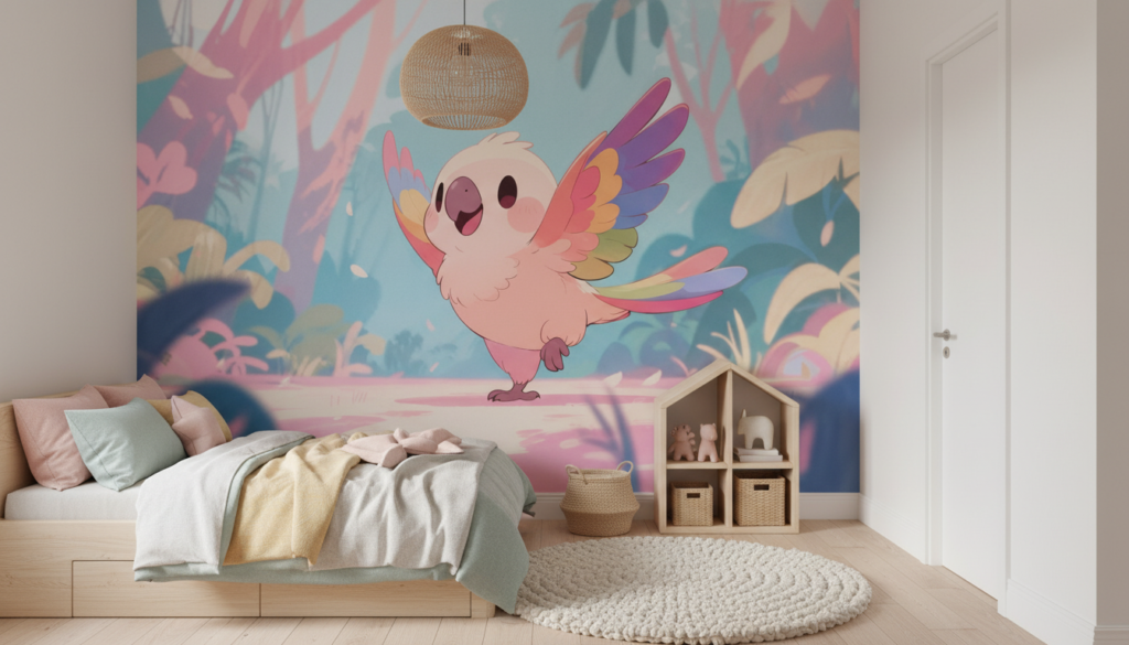Papier peint enfant oiseau tropical multicolore style cartoon kawaii - Chambre enfant