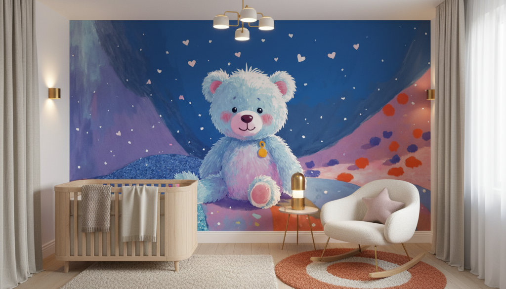 Papier peint enfant ours en peluche bleu univers magique étoilé - Chambre bébé