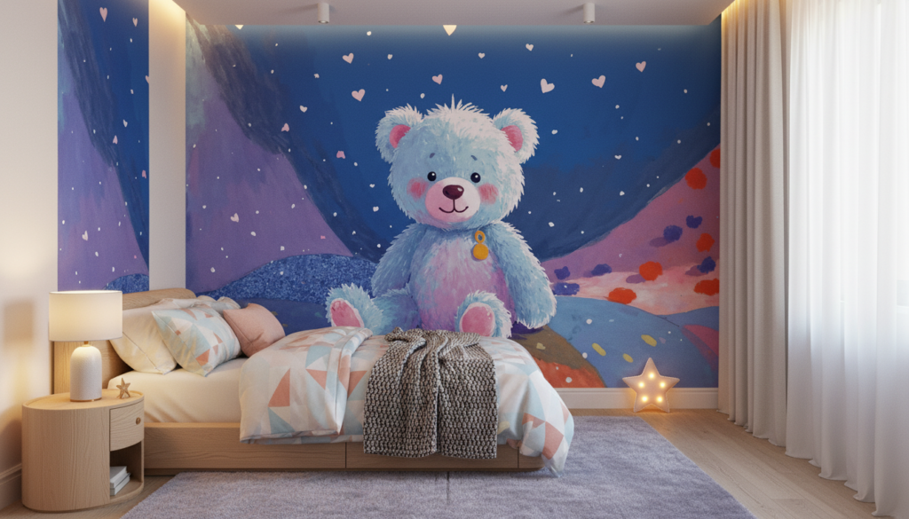Papier peint enfant ours en peluche bleu univers magique étoilé - Chambre enfant