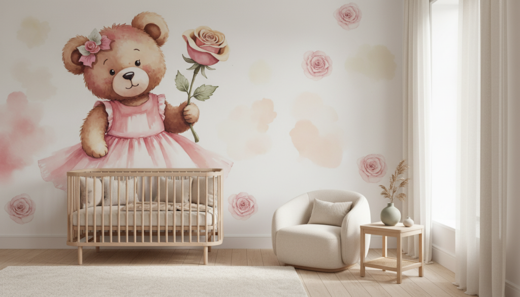 Papier peint enfant ourson rose romantique avec roses délicates - Chambre bébé