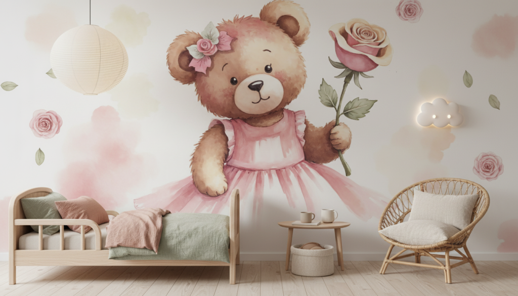 Papier peint enfant ourson rose romantique avec roses délicates - Chambre enfant