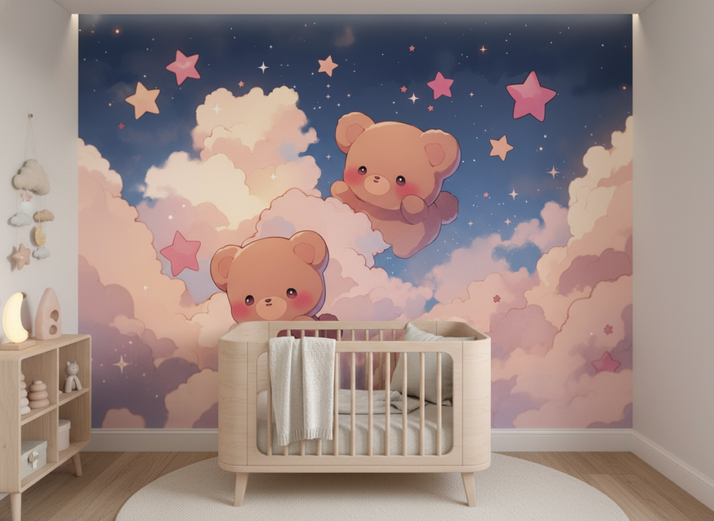Papier peint enfant oursons kawaii dans les nuages étoilés roses - Chambre bébé