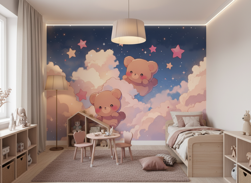 Papier peint enfant oursons kawaii dans les nuages étoilés roses - Chambre enfant