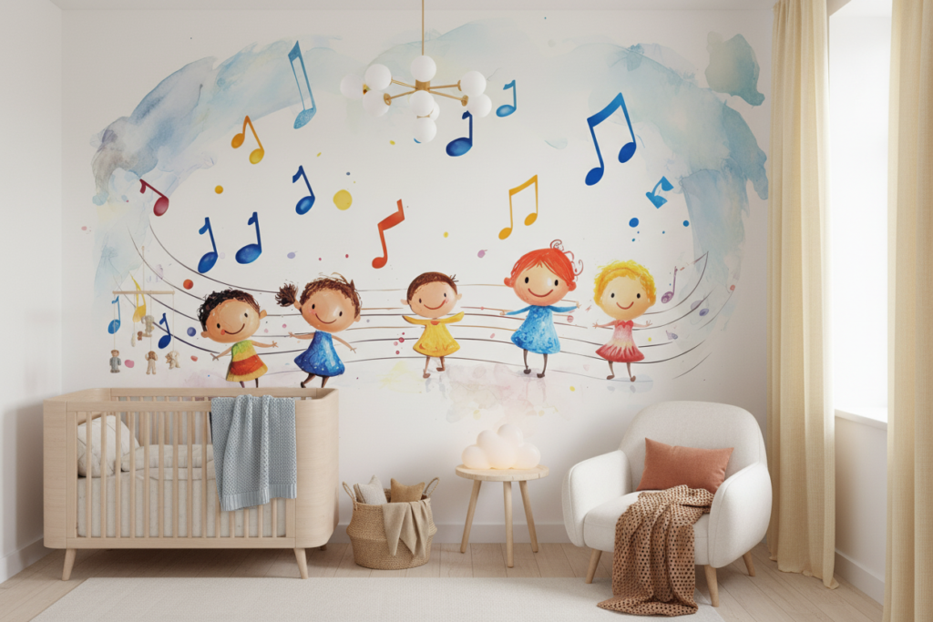 Papier Peint Enfants Musiciens Aquarelle Coloré Notes Joyeuses - Chambre bébé