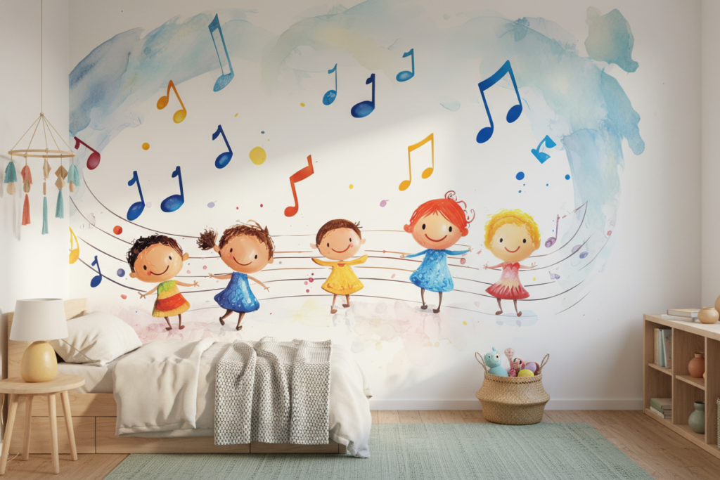 Papier Peint Enfants Musiciens Aquarelle Coloré Notes Joyeuses - Chambre enfant