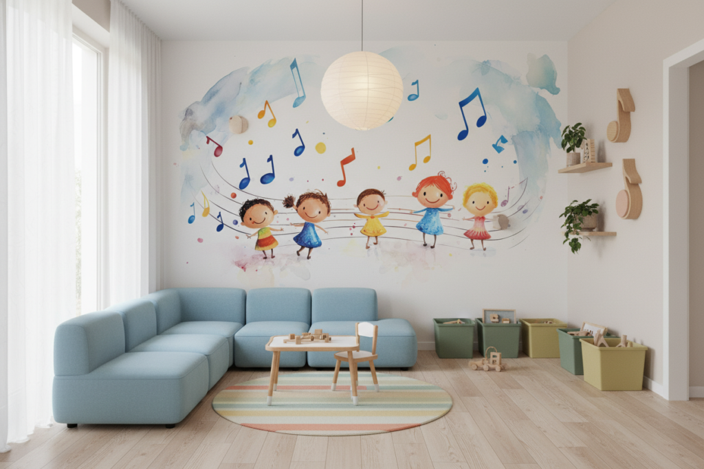 Papier Peint Enfants Musiciens Aquarelle Coloré Notes Joyeuses - Espace enfant (pro)