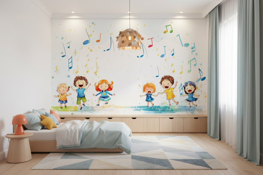 Papier peint enfants musiciens colorés notes de musique joyeuses - Chambre enfant