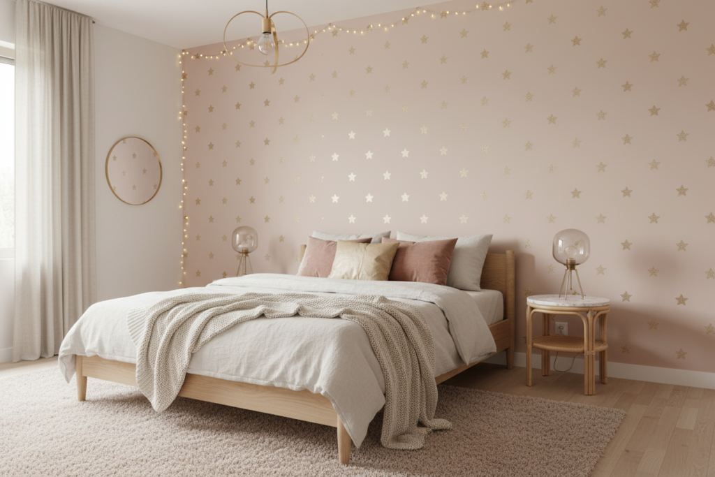 Papier Peint Étoiles Dorées Pailletées sur Fond Rose Poudré - Chambre ado