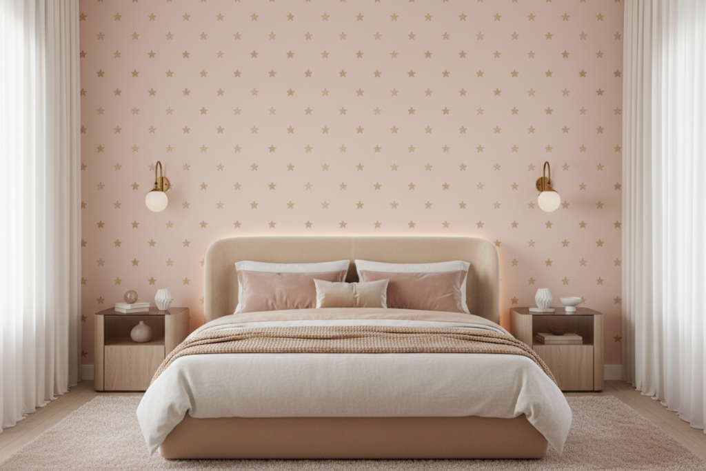 Papier Peint Étoiles Dorées Pailletées sur Fond Rose Poudré - Chambre adulte