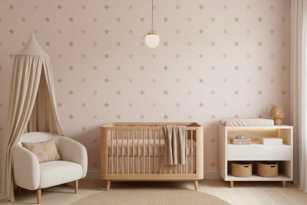 Papier Peint Étoiles Dorées Pailletées sur Fond Rose Poudré - Chambre bébé