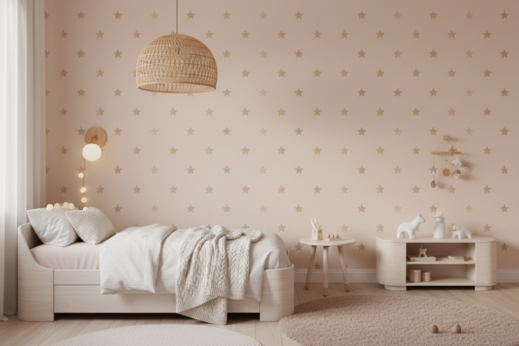 Papier Peint Étoiles Dorées Pailletées sur Fond Rose Poudré - Chambre enfant