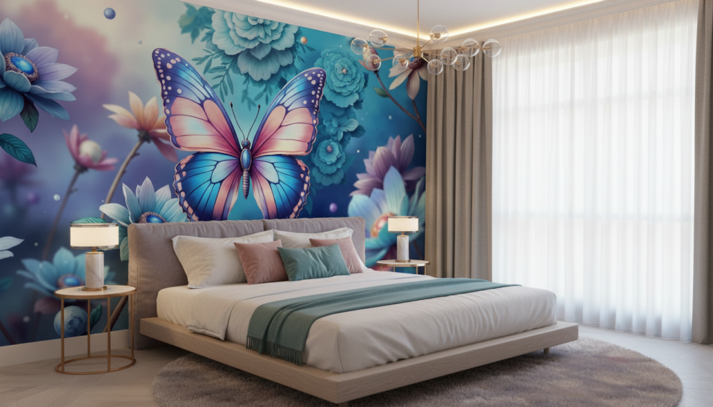 Papier peint fantaisie papillon multicolore et fleurs délicates sur fond bleu - Chambre adulte