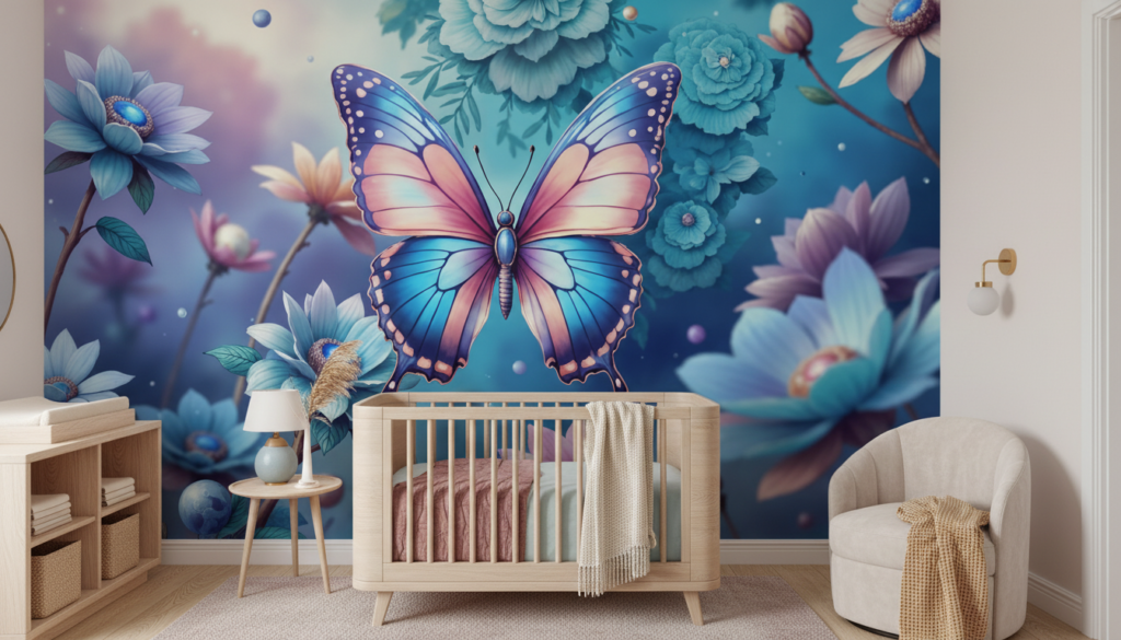 Papier peint fantaisie papillon multicolore et fleurs délicates sur fond bleu - Chambre bébé