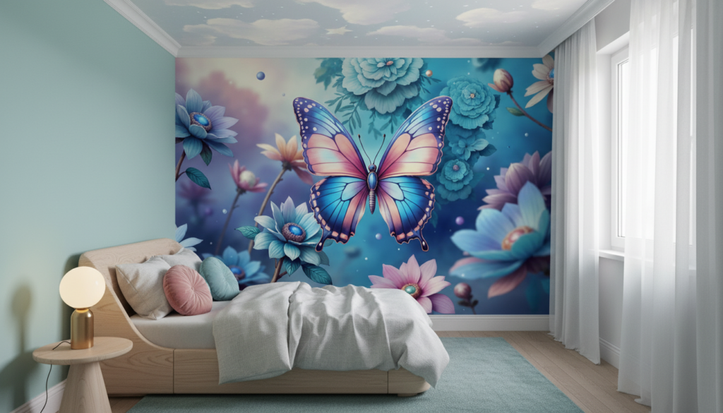 Papier peint fantaisie papillon multicolore et fleurs délicates sur fond bleu - Chambre enfant
