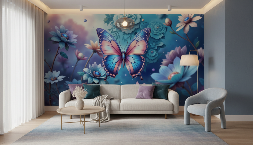 Papier peint fantaisie papillon multicolore et fleurs délicates sur fond bleu - Salon / Séjour