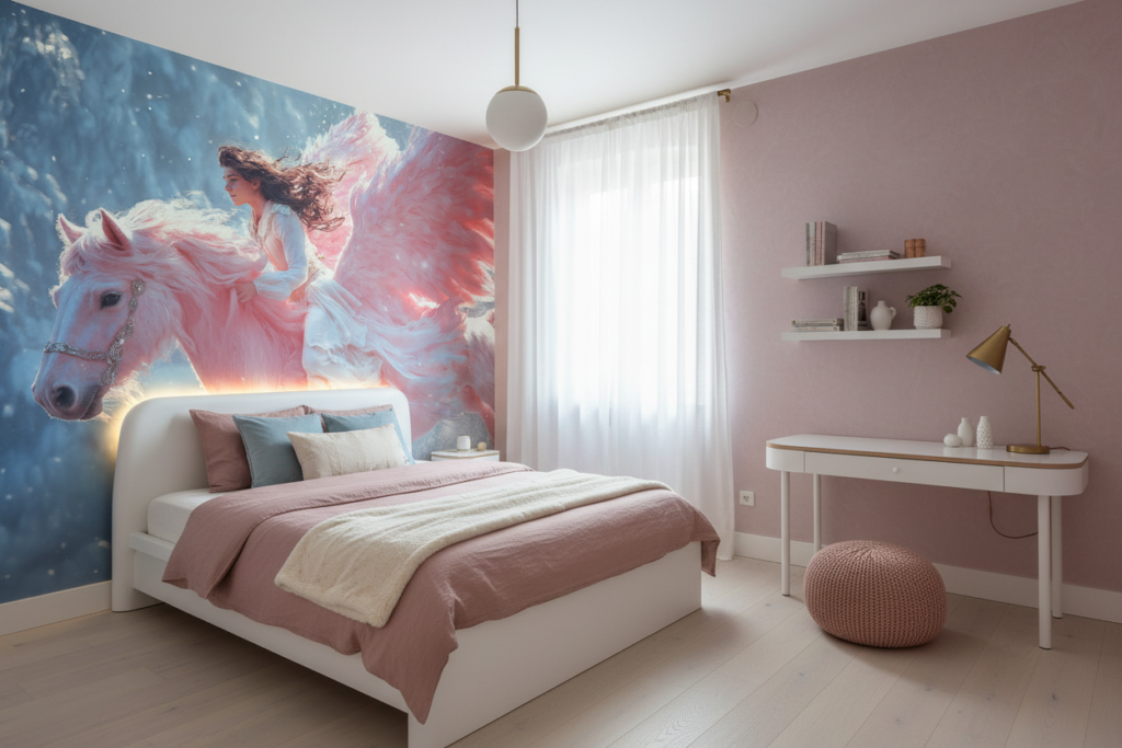 Papier Peint Fantastique Ange Ailé Chevauchant Cheval Blanc Magique - Chambre ado