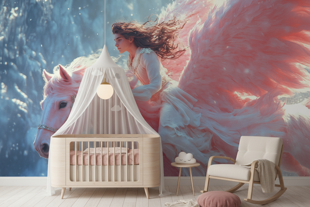 Papier Peint Fantastique Ange Ailé Chevauchant Cheval Blanc Magique - Chambre bébé
