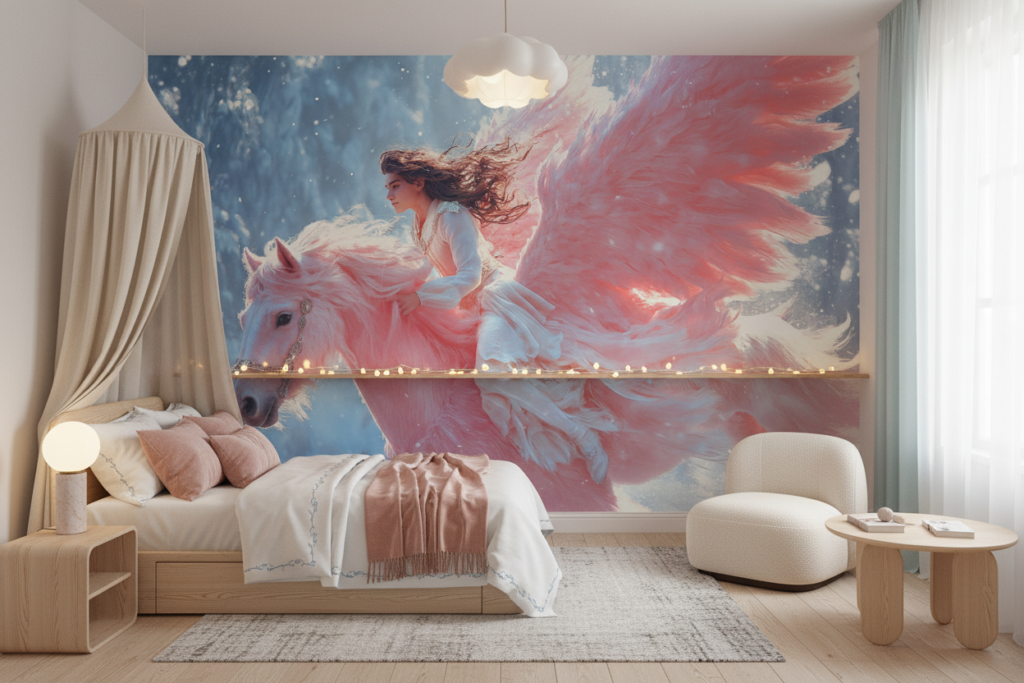 Papier Peint Fantastique Ange Ailé Chevauchant Cheval Blanc Magique - Chambre enfant