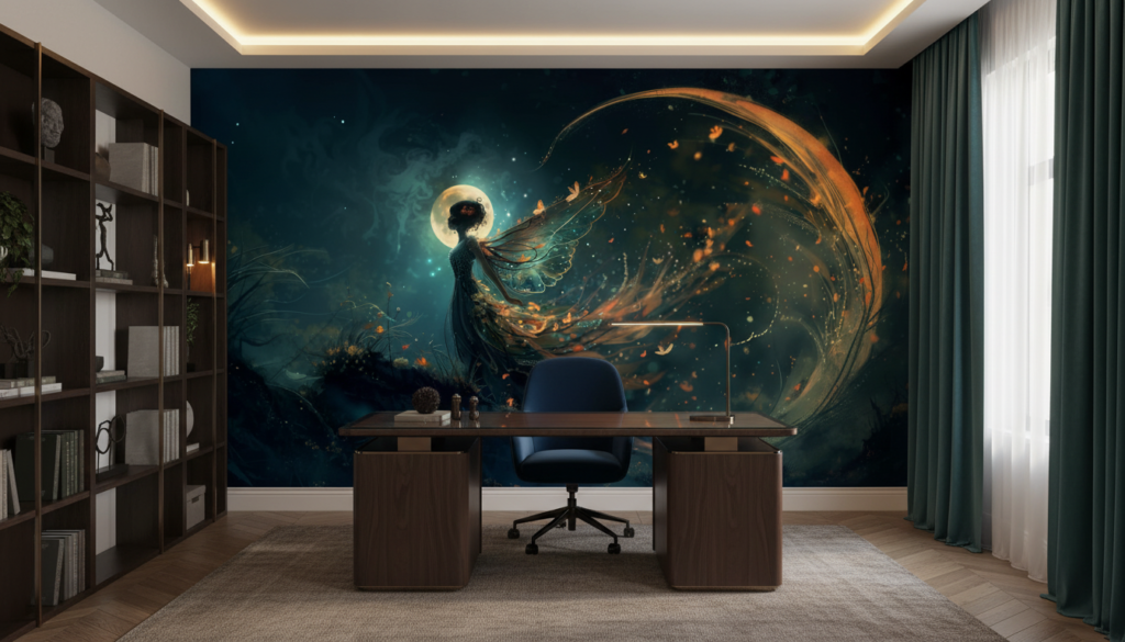 Papier peint fantastique ange mystique avec aura dorée étoilée - Bureau