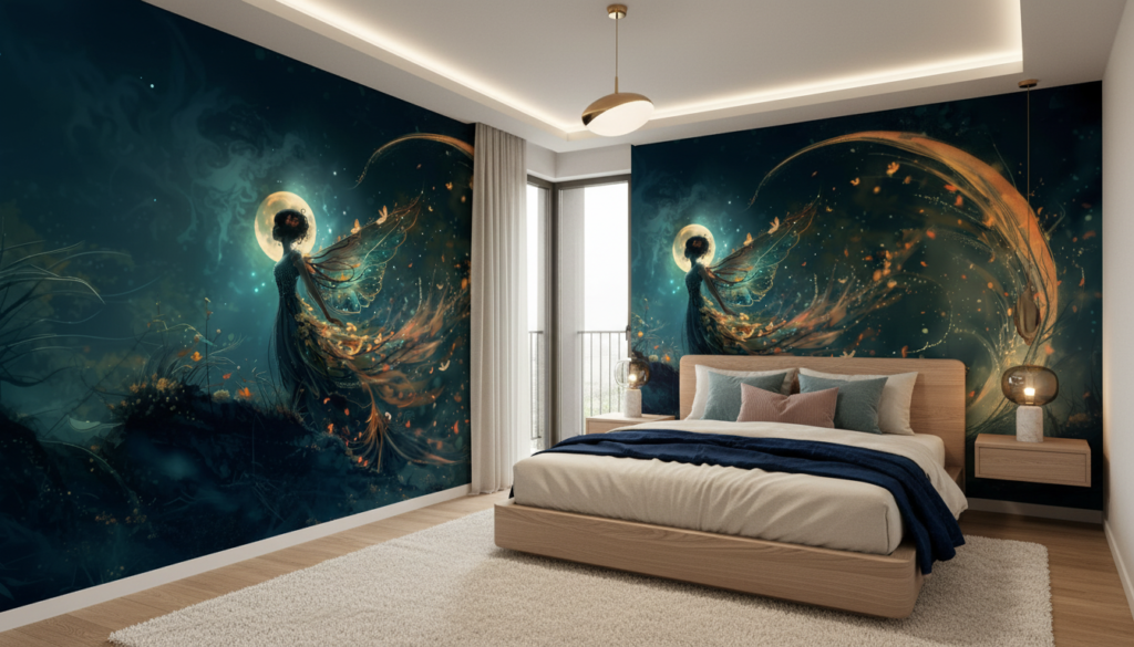 Papier peint fantastique ange mystique avec aura dorée étoilée - Chambre ado