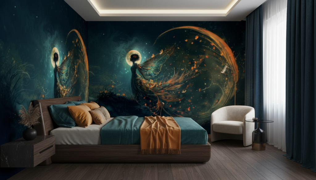 Papier peint fantastique ange mystique avec aura dorée étoilée - Chambre adulte