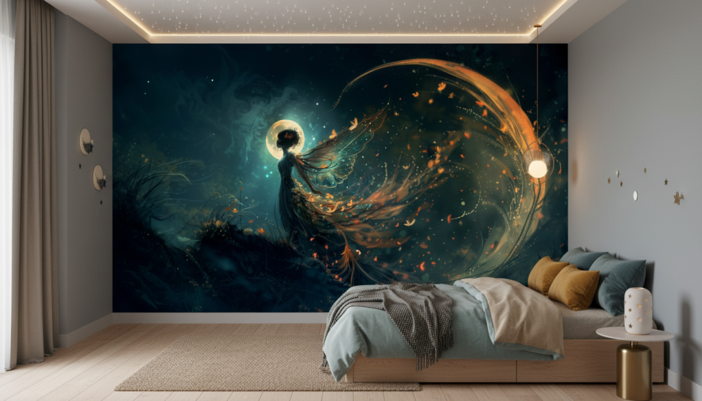 Papier peint fantastique ange mystique avec aura dorée étoilée - Chambre enfant