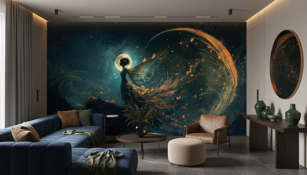 Papier peint fantastique ange mystique avec aura dorée étoilée - Salon / Séjour