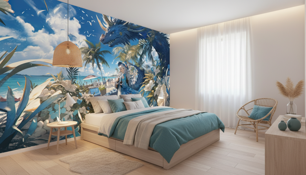 Papier peint fantastique dragon bleu sur plage tropicale paradisiaque - Chambre ado
