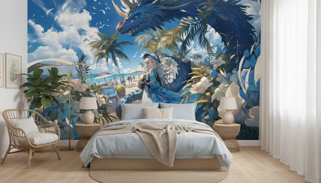 Papier peint fantastique dragon bleu sur plage tropicale paradisiaque - Chambre adulte