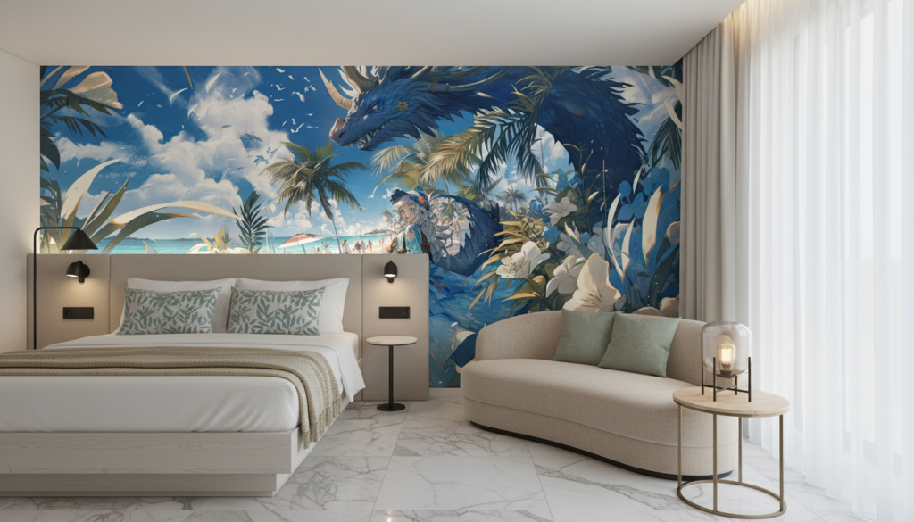 Papier peint fantastique dragon bleu sur plage tropicale paradisiaque - Hôtel