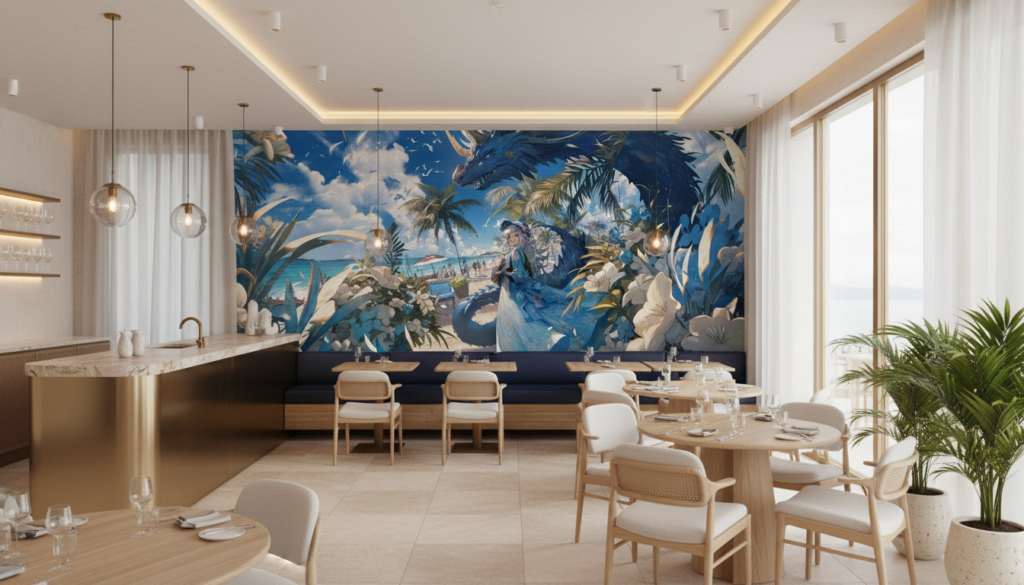 Papier peint fantastique dragon bleu sur plage tropicale paradisiaque - Restaurant