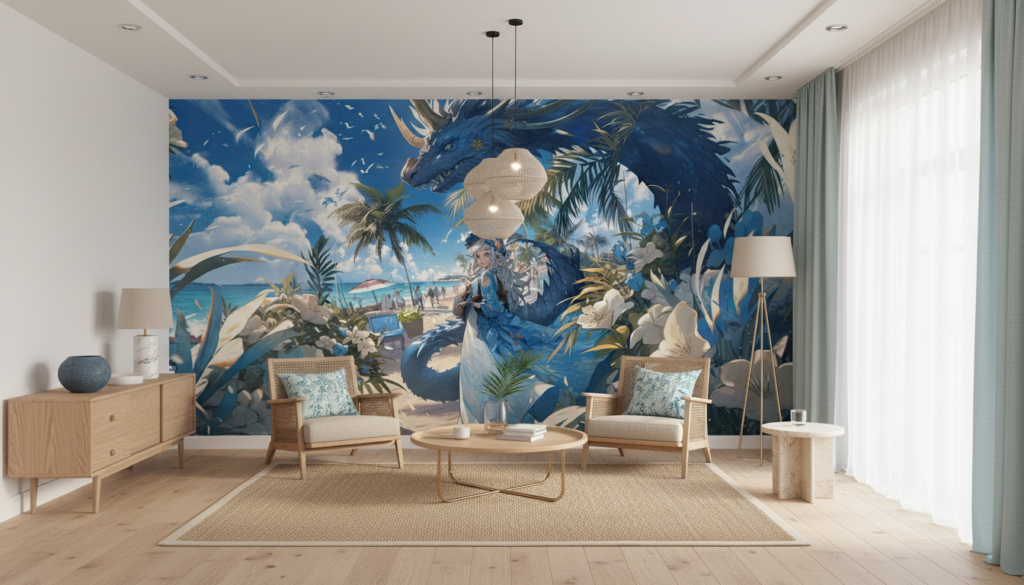 Papier peint fantastique dragon bleu sur plage tropicale paradisiaque - Salon / Séjour