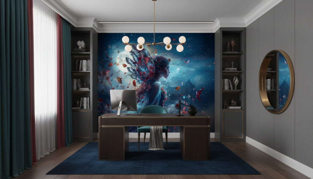 Papier peint fantastique femme ailée fleurs cosmiques nuit étoilée - Bureau