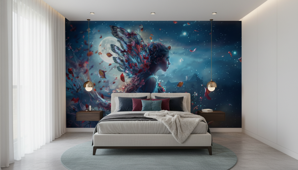 Papier peint fantastique femme ailée fleurs cosmiques nuit étoilée - Chambre ado