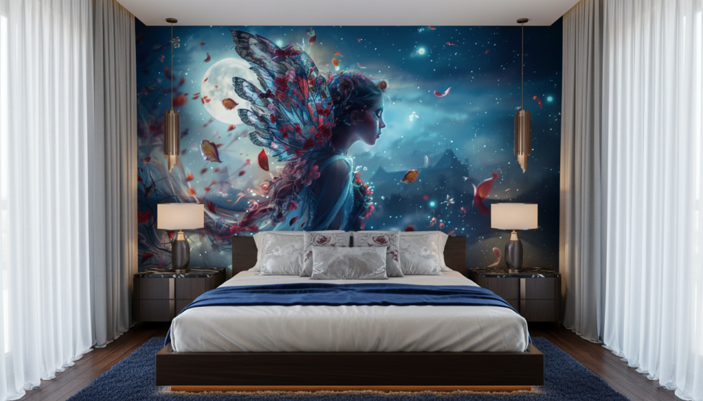 Papier peint fantastique femme ailée fleurs cosmiques nuit étoilée - Chambre adulte