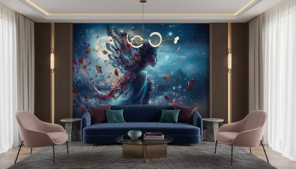 Papier peint fantastique femme ailée fleurs cosmiques nuit étoilée - Salon / Séjour