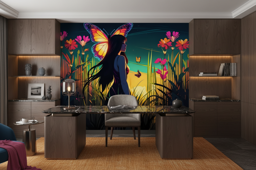 Papier peint fantastique femme papillon jardin tropical coloré - Bureau