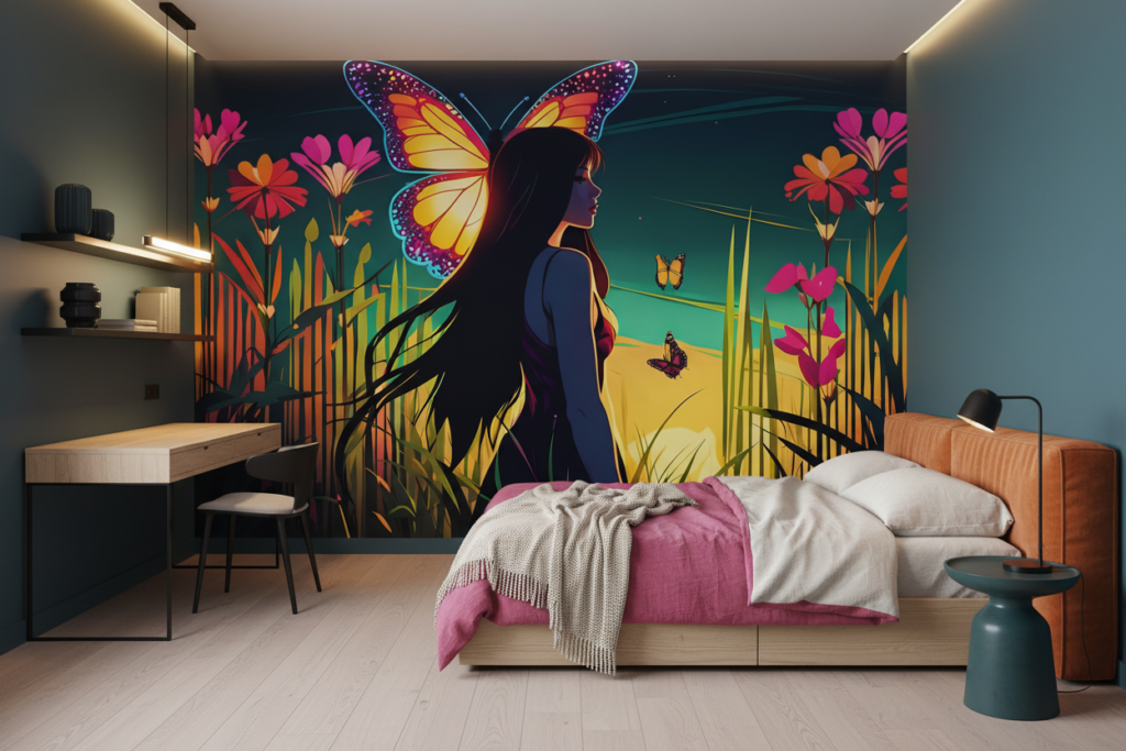 Papier peint fantastique femme papillon jardin tropical coloré - Chambre ado