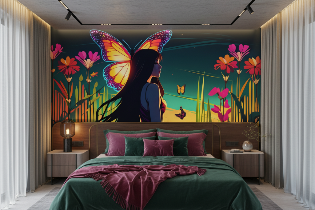 Papier peint fantastique femme papillon jardin tropical coloré - Chambre adulte