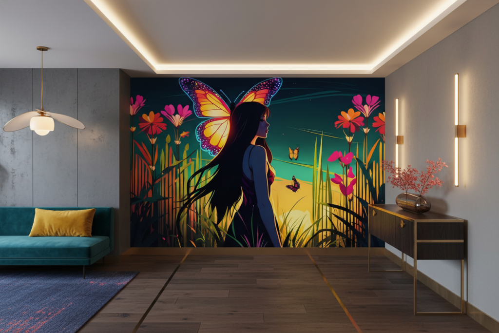 Papier peint fantastique femme papillon jardin tropical coloré - Entrée