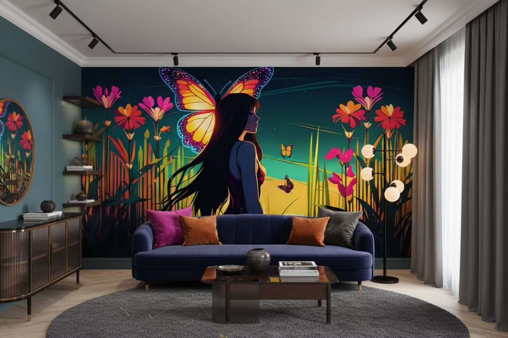 Papier peint fantastique femme papillon jardin tropical coloré - Salon / Séjour