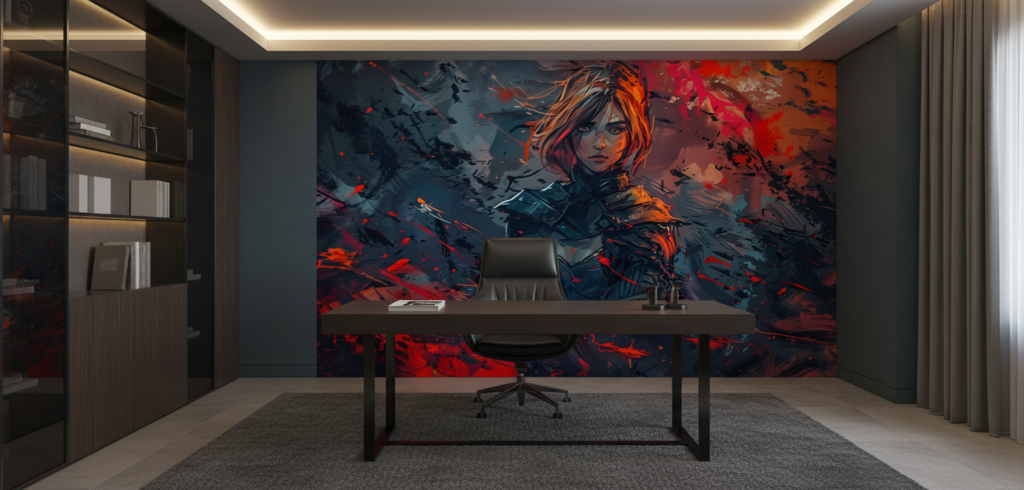 Papier Peint Fantastique Guerrière Flammes Rouges Style Anime Épique - Bureau